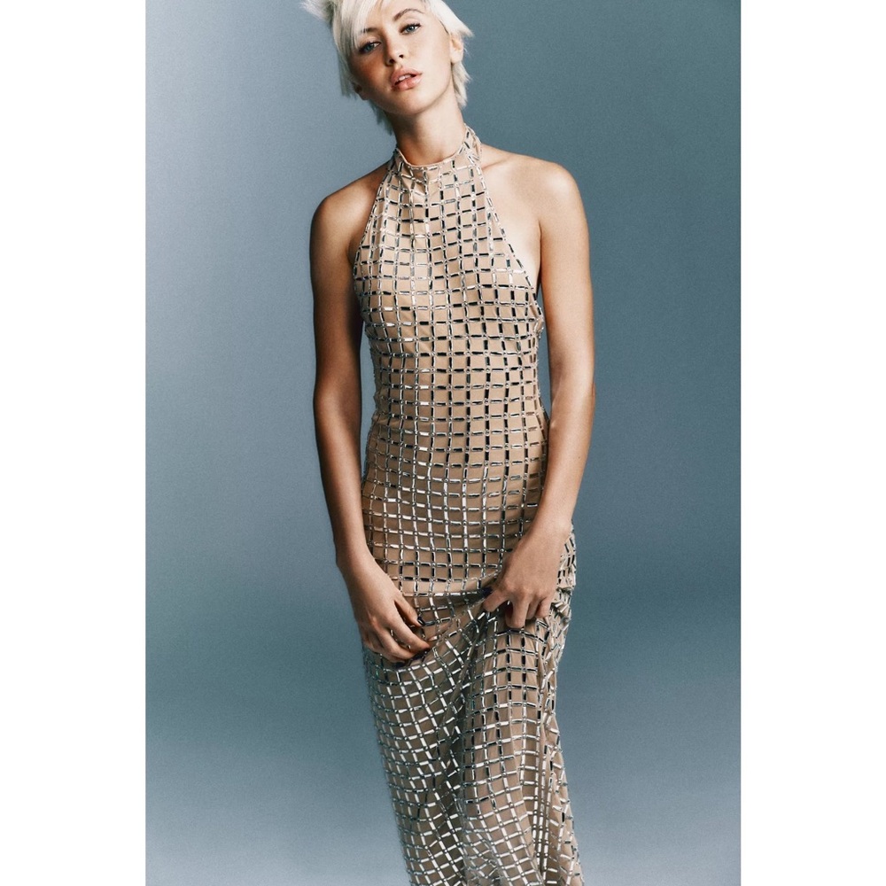 Zara SPARKLY MESH HALTER MIDI DRESS